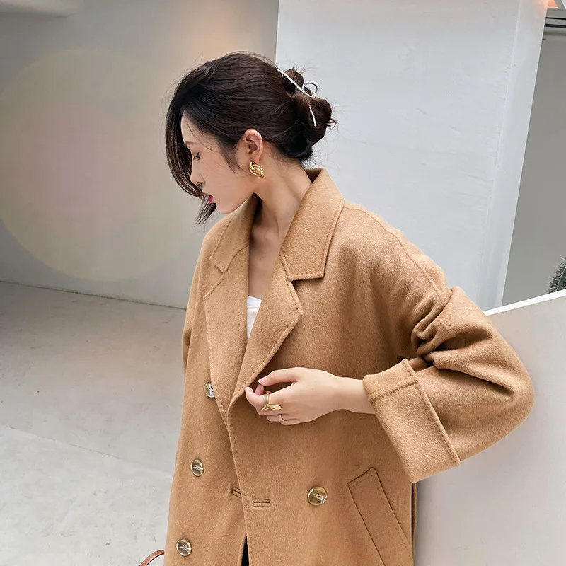 Buirtraptor Women's High-End Autumn Cashmere Coat Long Brown White Wool Double Breasted Lace up Classic Style