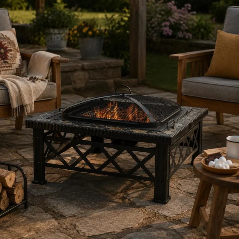 Foyer multifonctionnel en acier laqué 76 x 76 x 47 cm, résistant à la chaleur jusqu'à 500°C ℃   Grille de barbecue et crochet de cheminée, source de chaleur décorative pour terrasse, jardin, balcon, montage facile pour réchaud à charbon de bois