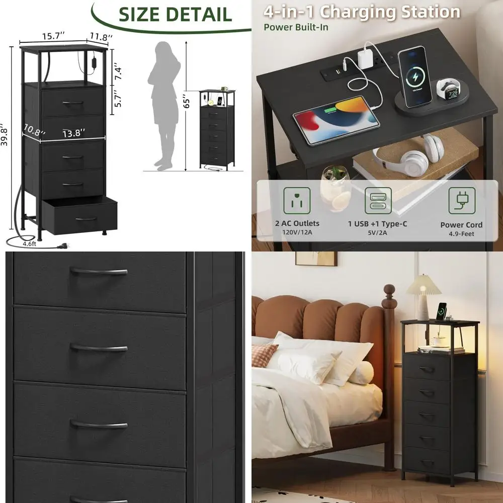 

Прикроватная тумбочка с зарядкой и тканевый комод с 5 ящиками для спален, общежитий и прихожей