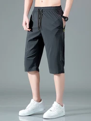 Summer Ice Silk Sweatpants Calf-Length Breeches Quick Dry Sports/Gym Shorts Stretch Nylon 3/4 Capris Pants Big Size 8XL