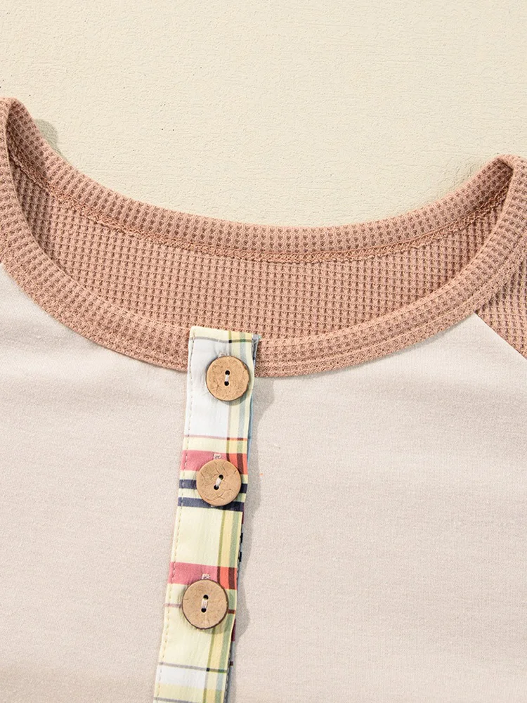 GIBSIE Plus Size Plaid Splicing Long Sleeved T-shirt For Women 2025 Autumn O-Neck Button Front Casual Loose Matching Tee Tops