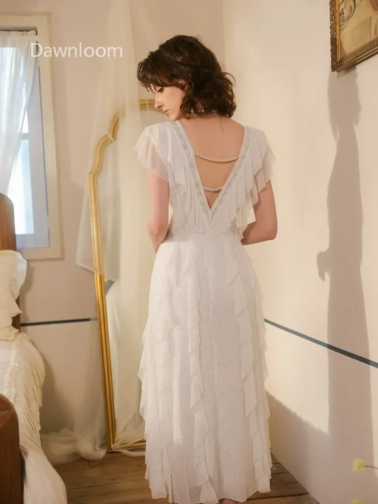 Dawnloom White Tulle Starlight Shimmer Backless Pearl-Embellished Ruffled Long Nightgown Luxury Elegant Romantic Home Loungewe