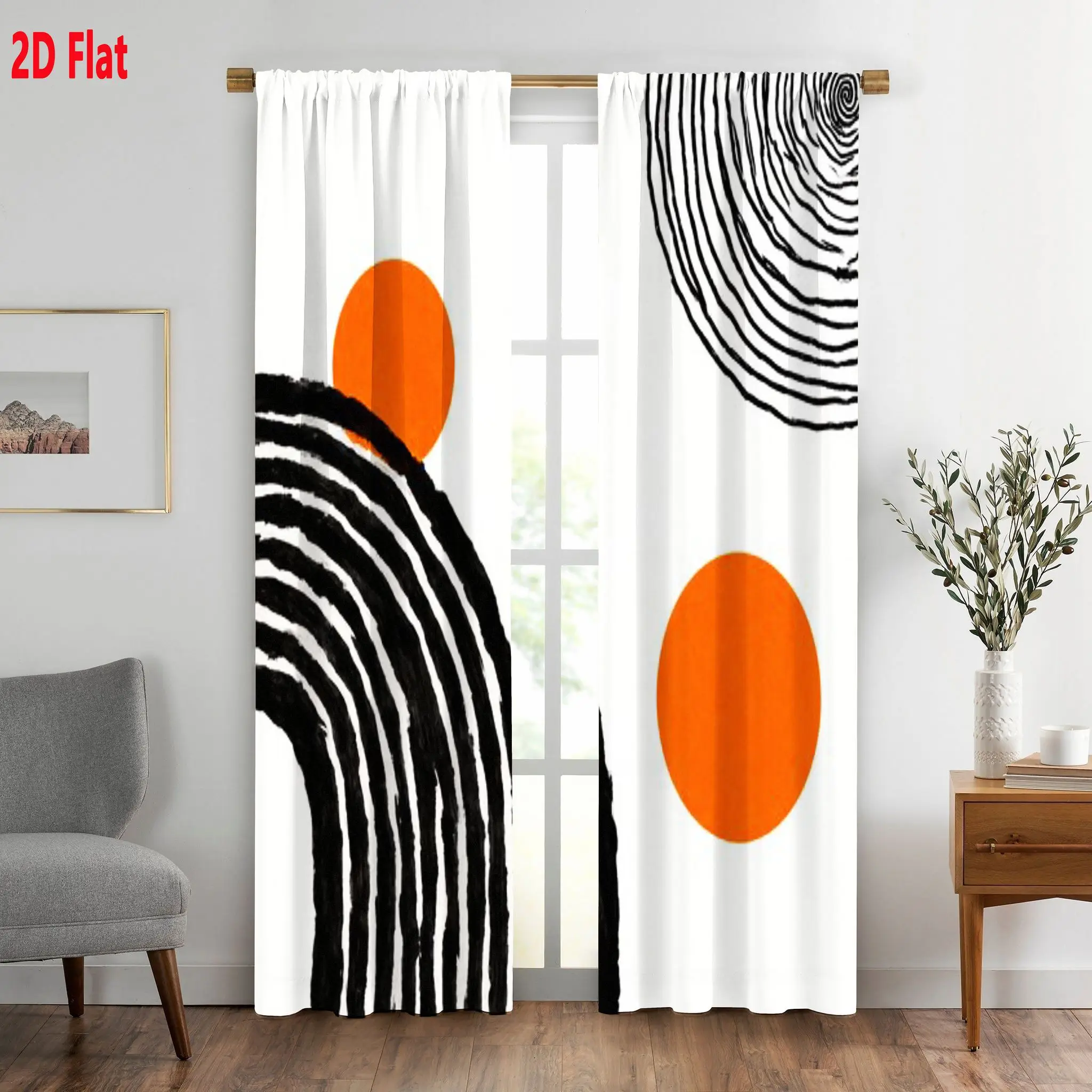Modern Abstract Geometric Stripe Circle Curtain Pair 2pcs for Living Room Window Drapes Home Decor Black and White Orange Style