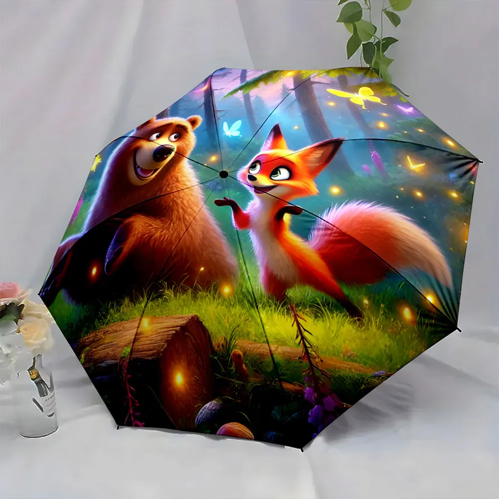 1PC Whimsical Forest Animals on an Artistic Umbrella Print 8 Iron Ribs Folding Umbrella Auto-Open Fashion Sunshade