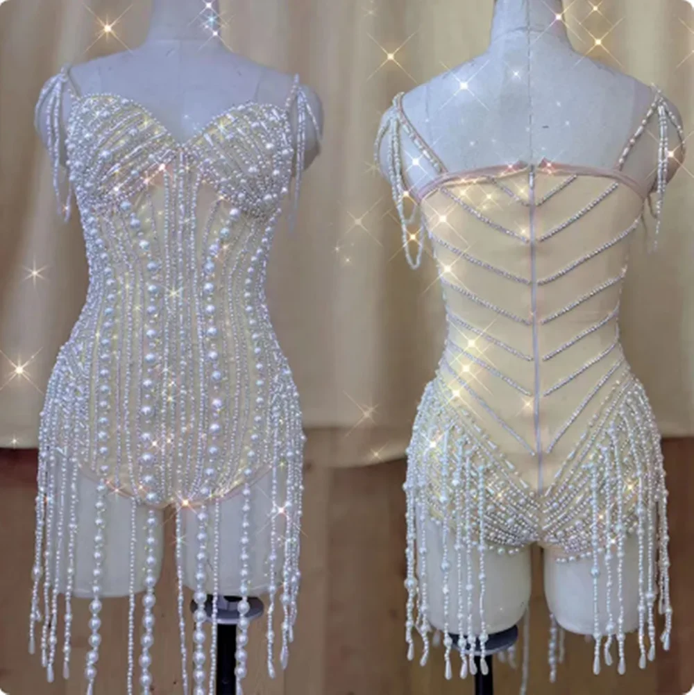 

2025 Pearl Tassel Bodysuit Drag Queen Costume Adult Party Festival Clothing Singer Dancer Stage Clothes Gogo Dance Jumpsuit yj06