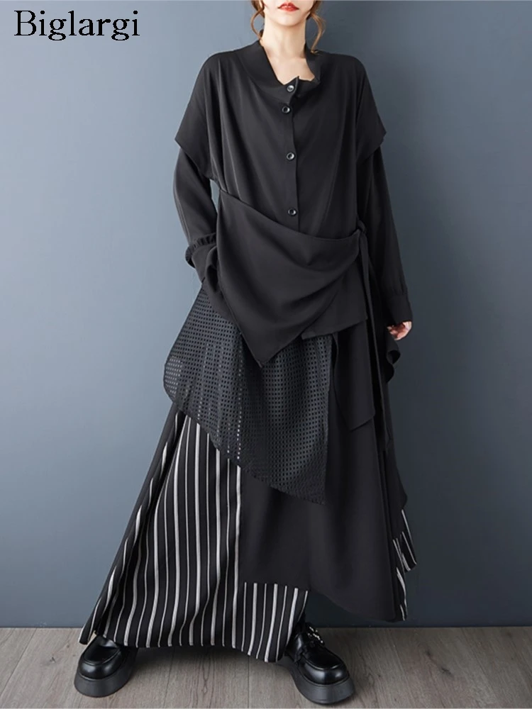 

Irregular Two Piece Set‌ Women Shirt Long Striped Skirt Woman