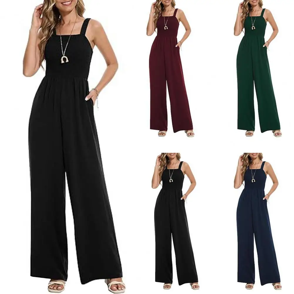 

Polyester Spandex Jumpsuit Moisture-wicking Jumpsuit Stylish Summer Jumpsuits for Women with Wide Leg Pants Pockets Square Neck
