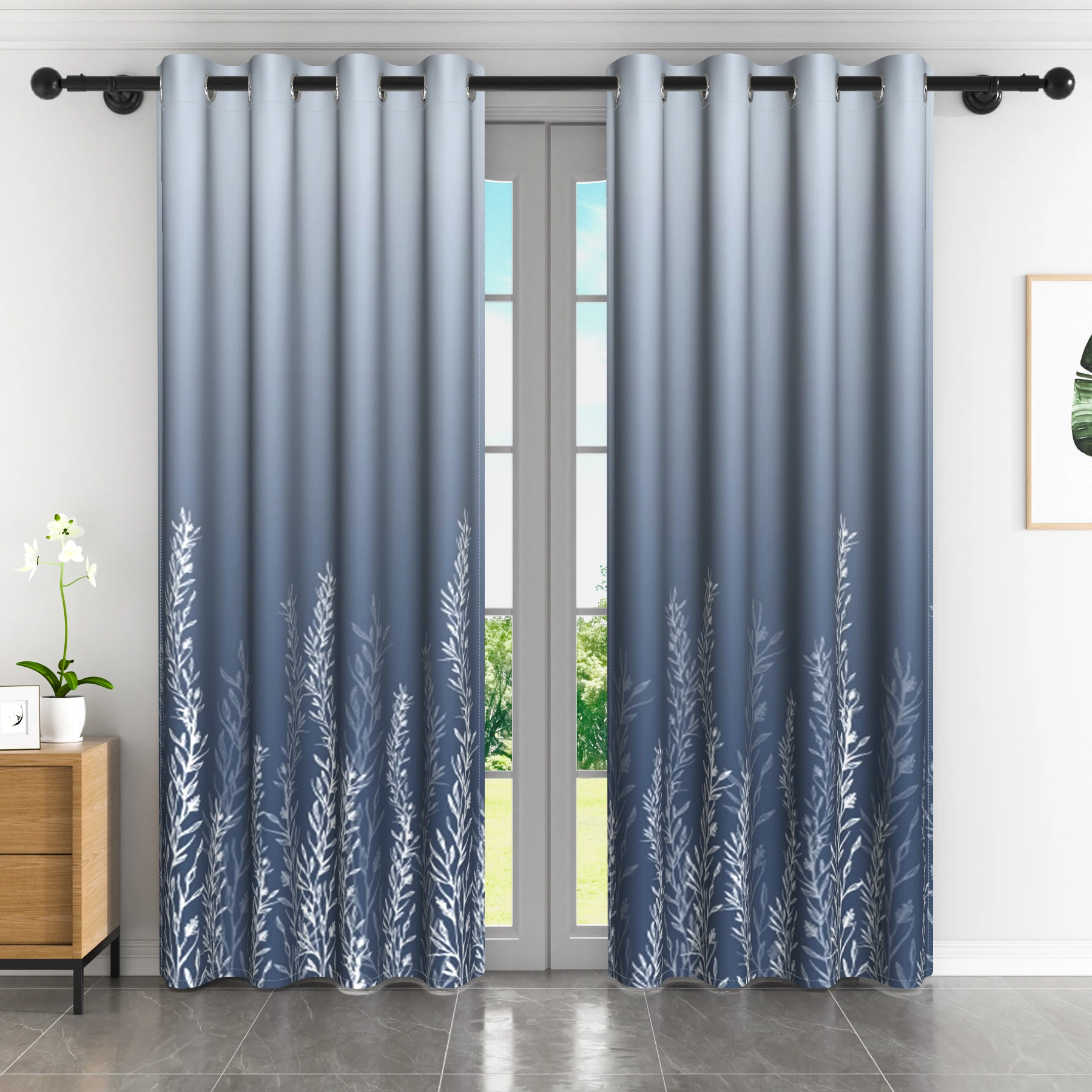 2pcs/set Solid Color Gradient Window curtains Bottom Leaf Print Thermal Insulated Polyester Bedroom Living Room Blackout Curtain