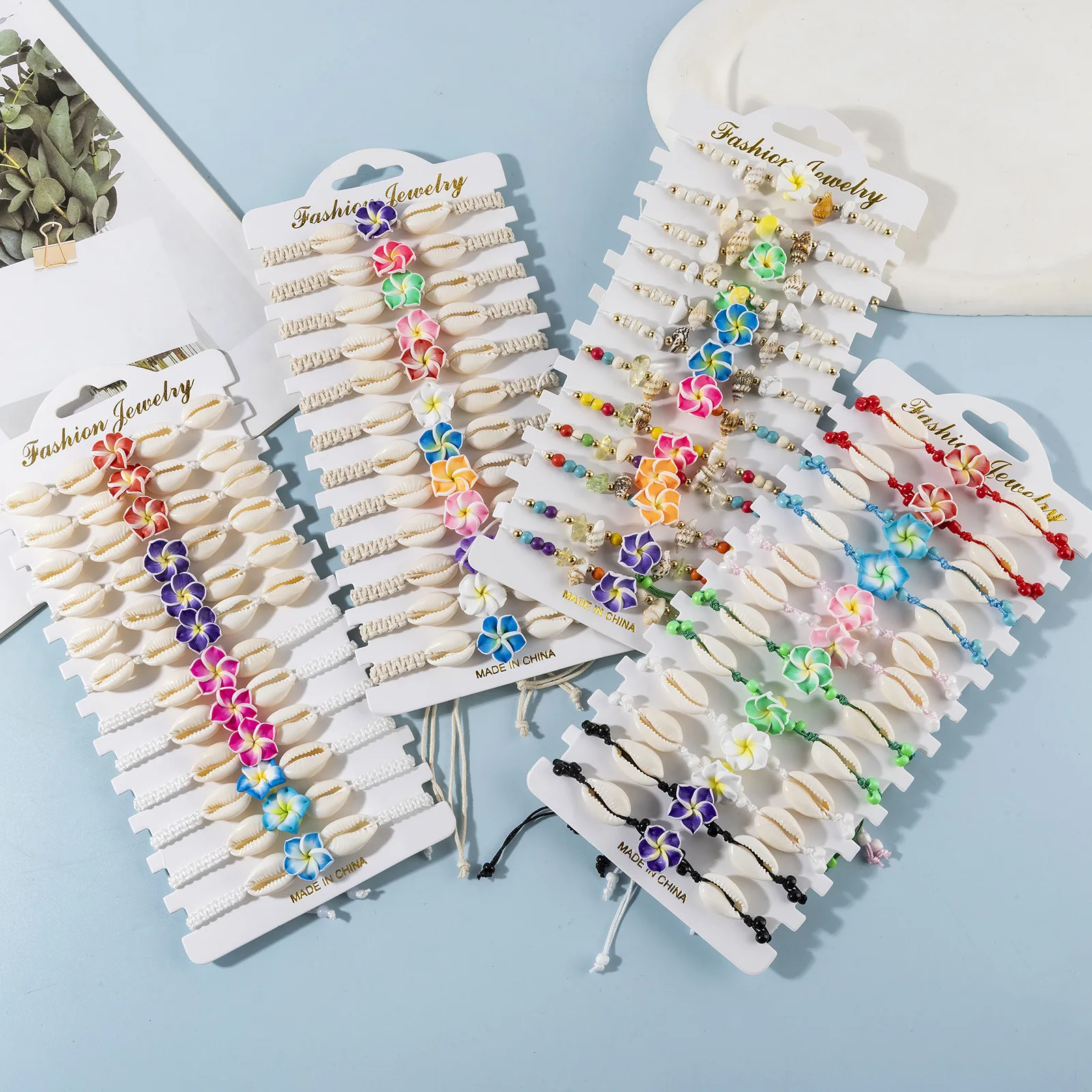

12pcs/set Polymer Clay Flower Shell Woven Bracelet Boho Adjustable Women Jewelry Gift