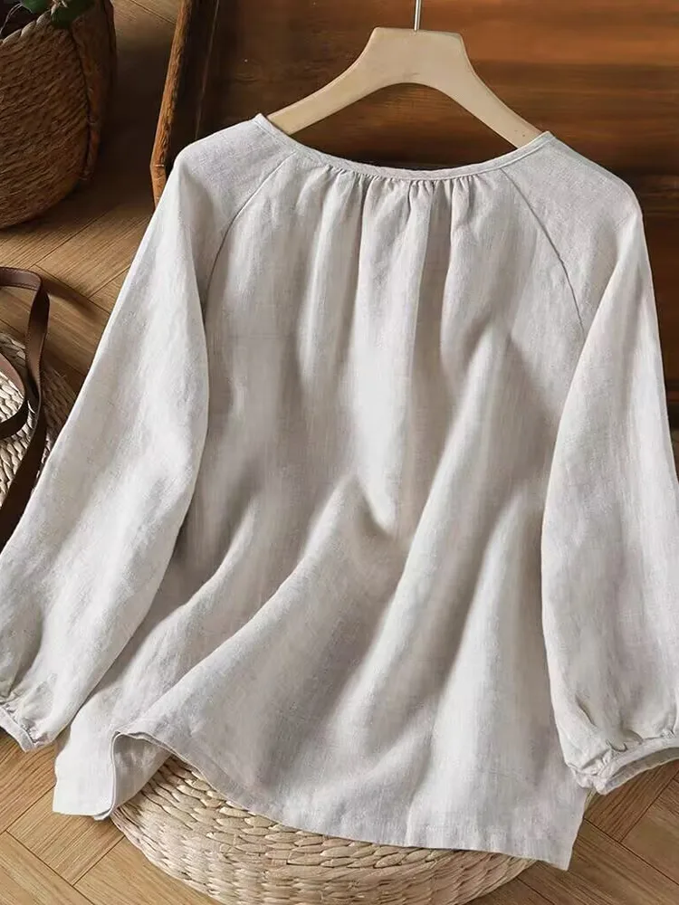 เสื้อผ้าผู้หญิงสไตล์ญี่ปุ่นย้อนยุค ผ้าลินินผสมฝ้าย แขน 3/4 ทรงหลวม คอกลม ทรงเข้ารูปเล็กน้อย เหมาะสำหรับฤดูร้อน