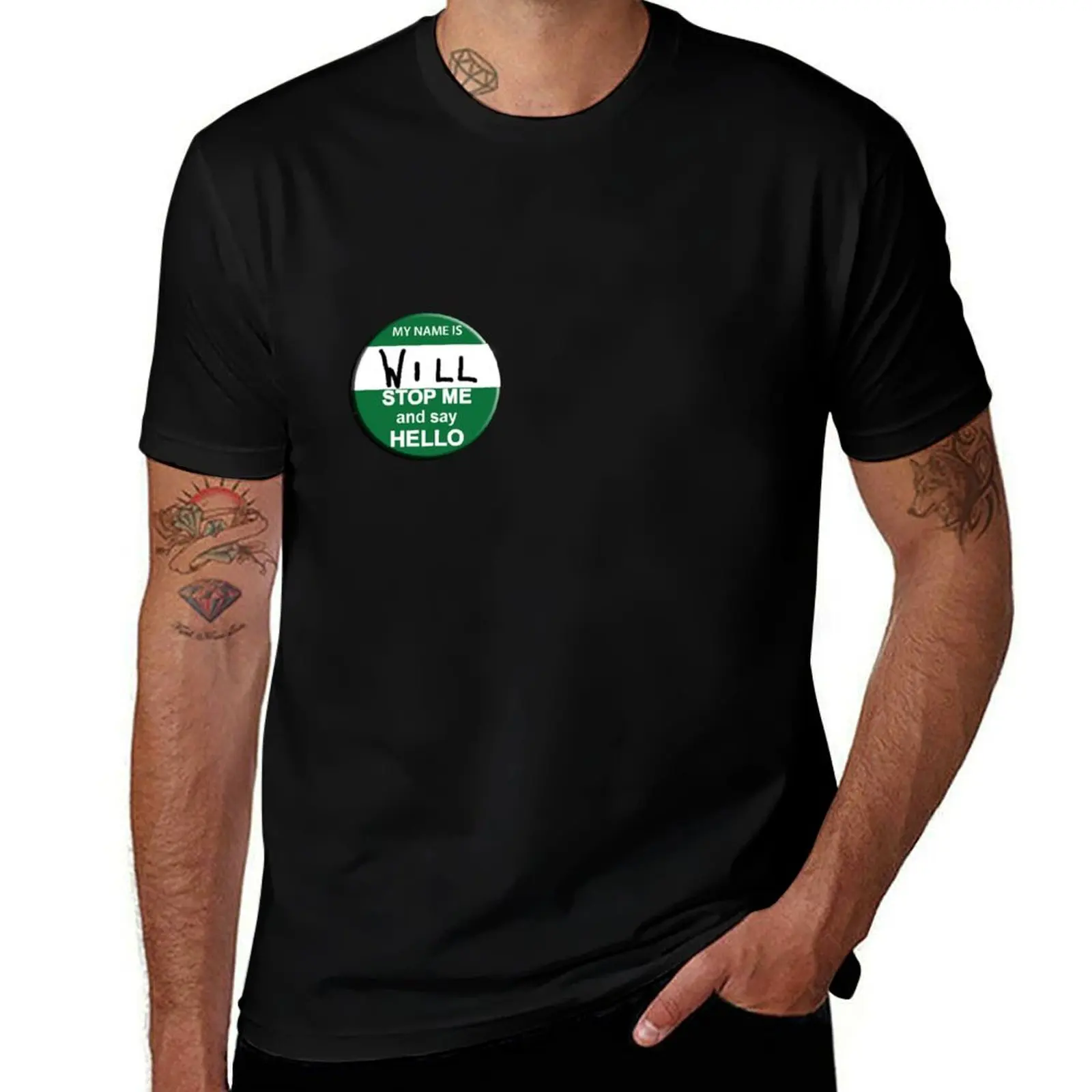 The Inbetweeners - Hi I am Will Big Gay Green badge T-Shirt Vintage Print Crew Neck Tee T-Shirt