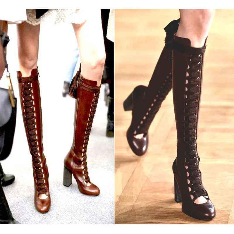

Fashion Brown Leather Round Toe Women Shoelace Bandage Knee Boots Med Chunky Heel Ankle Boots Woman Knight Boots
