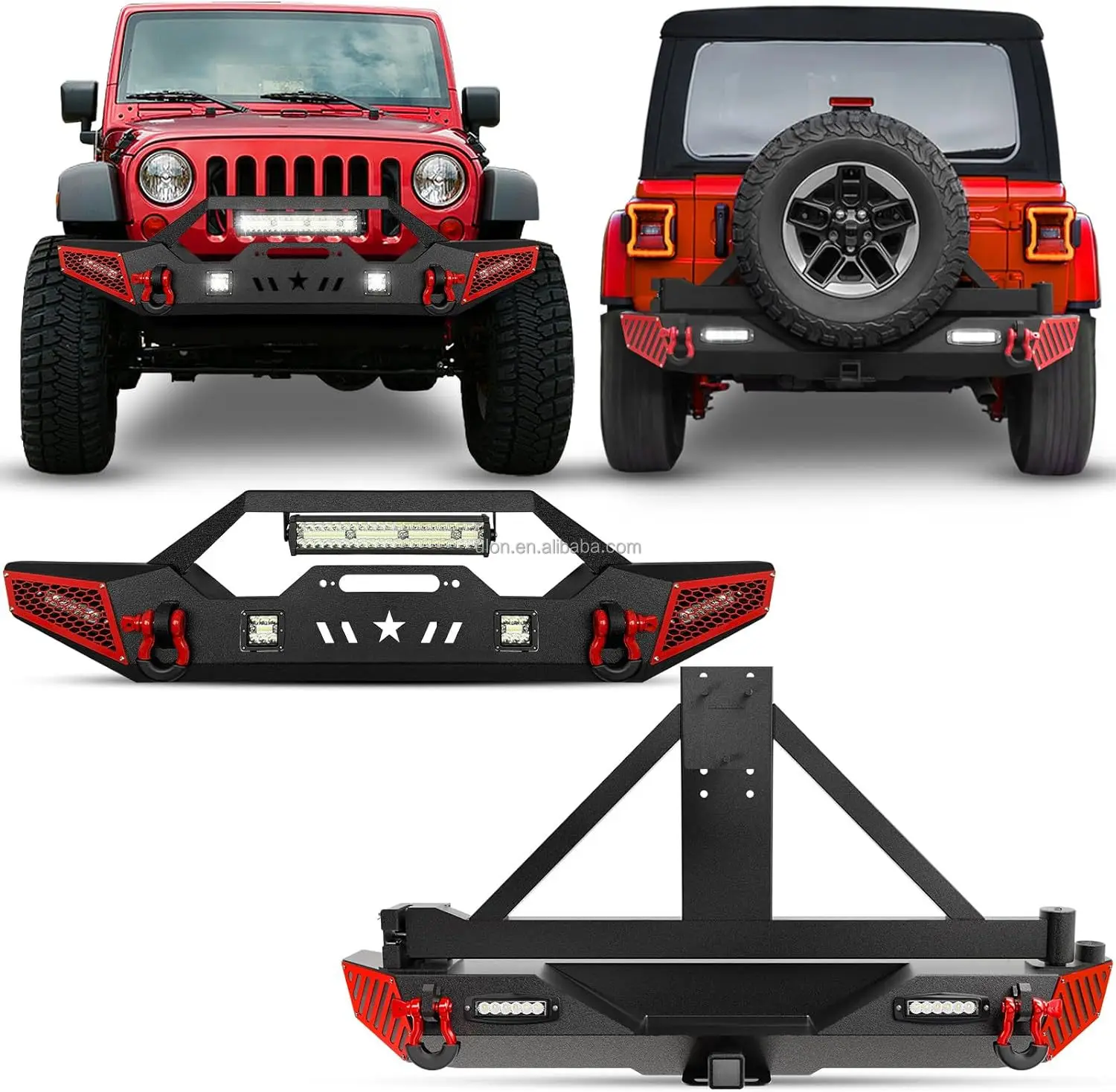 

Factory Price OEM Front & Rear Bumper With Spare Tire Carrier Fit 2007-2018 Jeep Wrangler JK JKU With Winch Plate Hitch Receiver