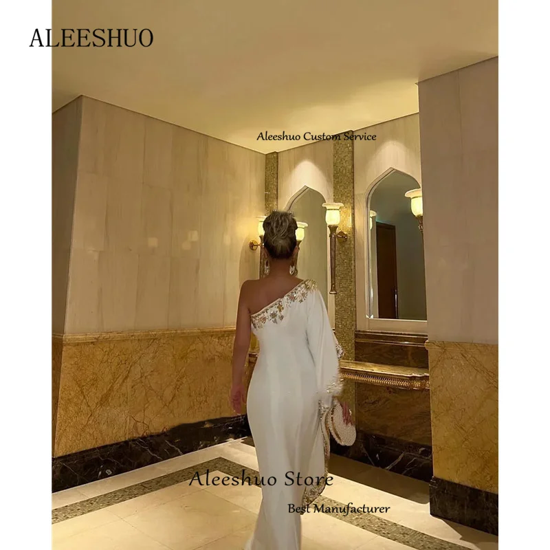 Aleeshuo Modern Mermaid Satin Prom Dress Pleated Shiny Beaded Crystal Evening Dress One Shoulder Open Back Zipper Customized