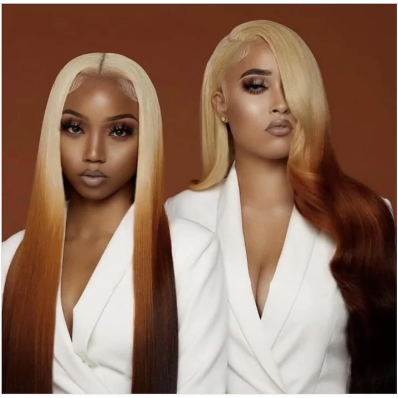 Long Silky Straight Wave Wigs Blonde Ombre Brown Lace Front Wig Natural Looking