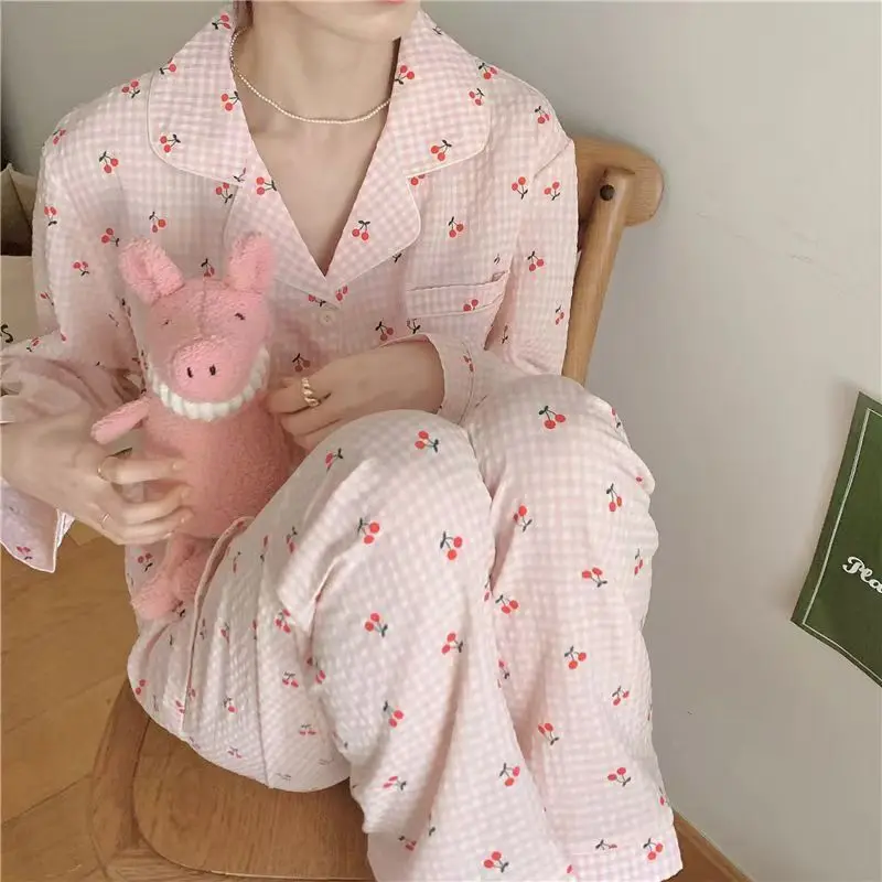 

Весенне-осенний пижамный комплект с длинными рукавами и брюками, женская домашняя одежда в клетку из чистого хлопка, для сна и отдыха, можно носить на улице