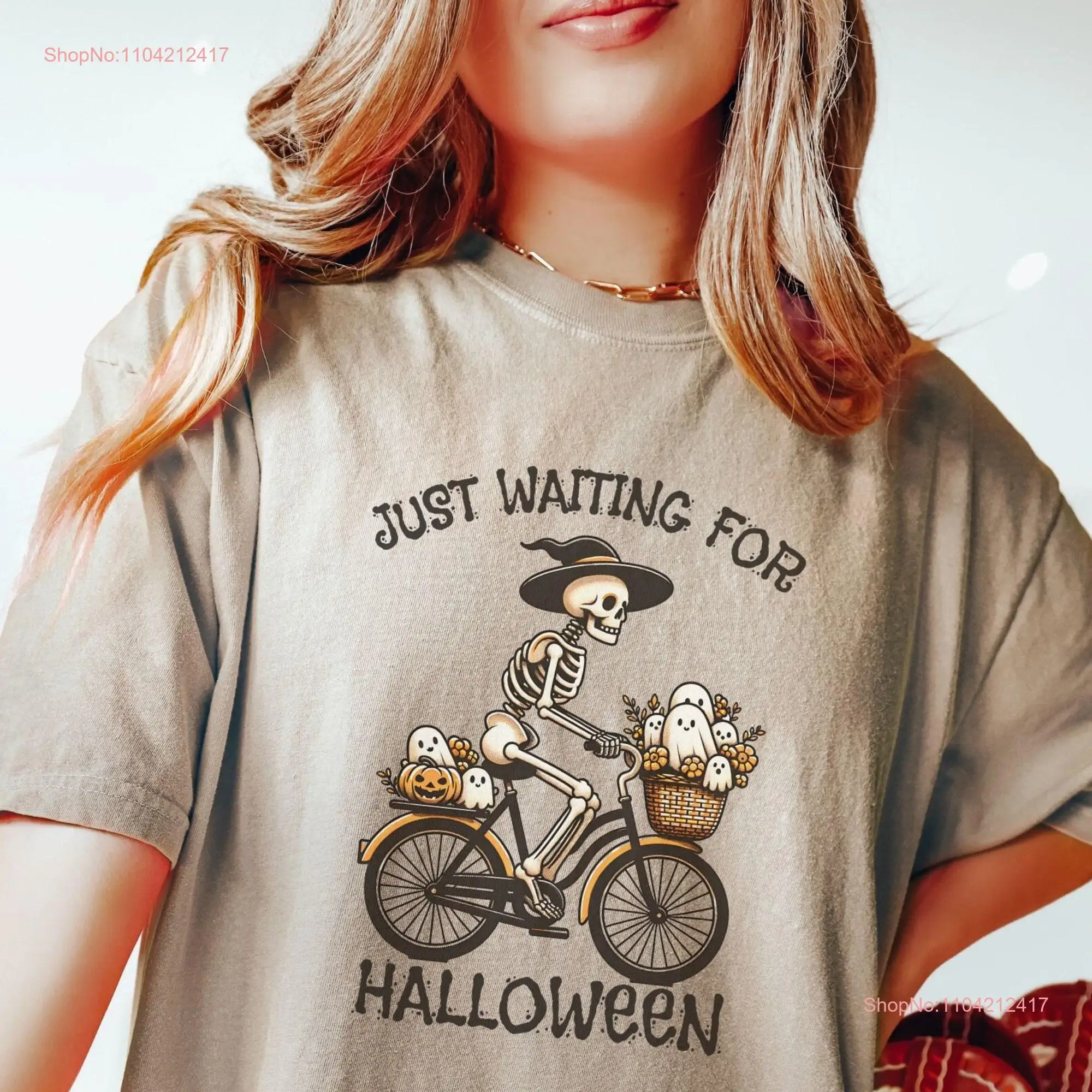 Funny Halloween T Shirt Just Waiting For Spooky Season October Fall Skeleton Ghost Pumpkin  long or short sleeves