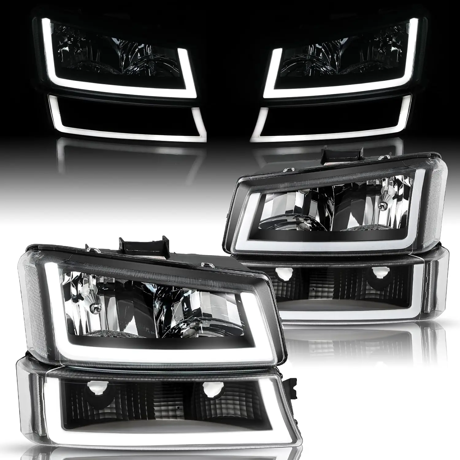 U Shape LED DRL 4-Piece Headlight Assembly Compatible with 2003-2006 Chevy Silverado 1500 2500 3500 HD & 2003-2007 Avalanche wit