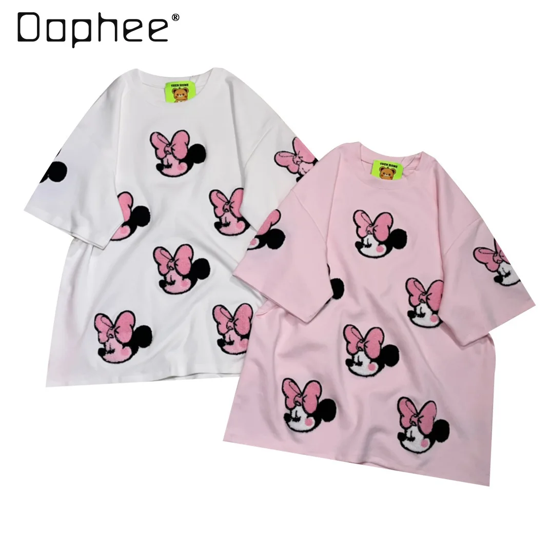 

Korean Style Casual Round Neck Pink Tops 2024 Summer New Korean Style Fashionable Cartoon Embroidered Patch Short Sleeve T-shirt