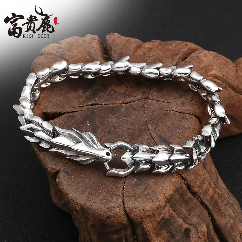 Pulseira personalizada de prata esterlina S925 para homens, torneira tailandesa retrô, versão ampla, hip hop dominador, moda criativa