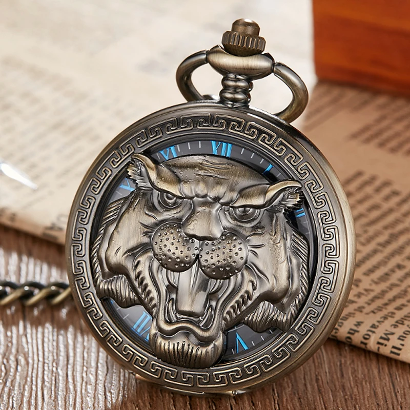 Chinese Zodiac Tiger Vintage Stainless Steel Hand Wind Mechanical Pocket Watch Men Analog Skeleton Men Chain Watch Necklace