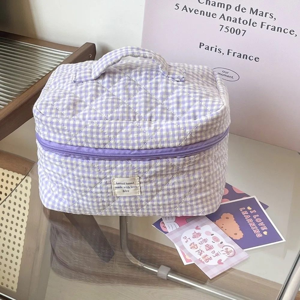 카와이 코튼 메이크업 가방 체크 무늬 귀여운 스토리지 손목 가방 대용량 멀티 사이즈 화장품 주최자 여행용