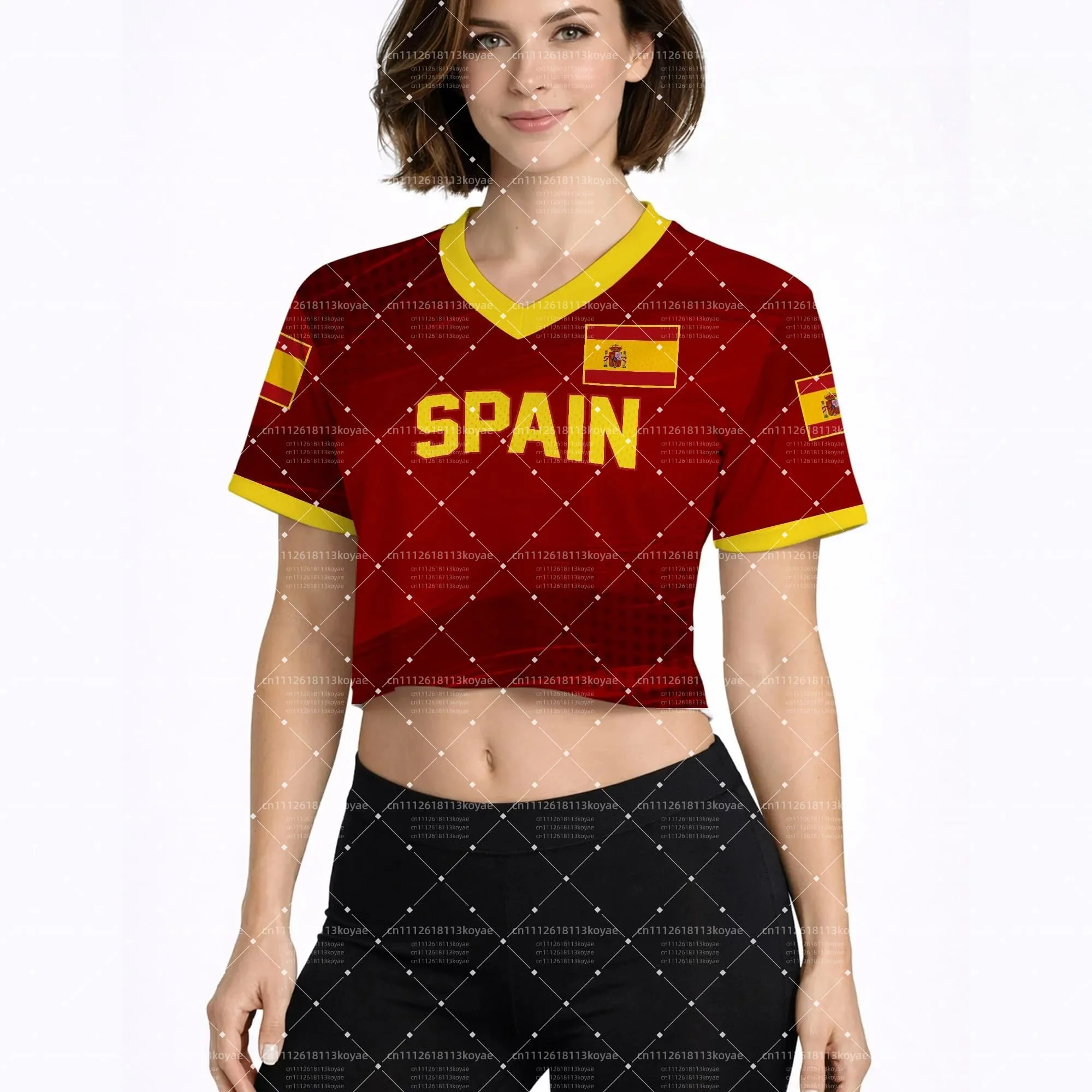 Camiseta Corta con Cuello en V Inspirada en España para Mujer, Verano 2026, Transpirable, de Secado Rápido, Estilo Y2K, para Fanáticas del Fútbol y Animadoras