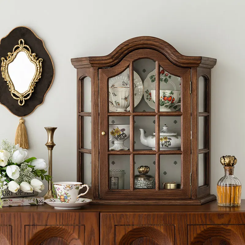 Vintage solid wood wall cabinet, desktop storage cabinet, cup rack, glass wall cabinet, glass wall-mounted display cabinet