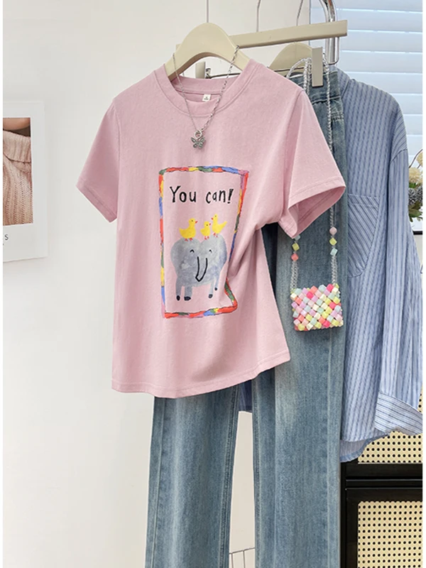 Summer Design Unique Small Elephant Print Short Sleeve T-Shirt Women's Shoulder Width Regular Cotton Creative Pattern Korean ...