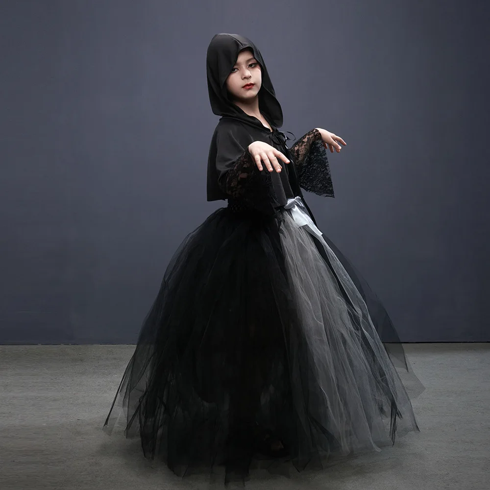 Halloween Witch Black Tutu Dress Sleeve Gown Cloak Broom Matching Kit Ribbon Decor Outfit Stage Show Holiday Gathering Attire