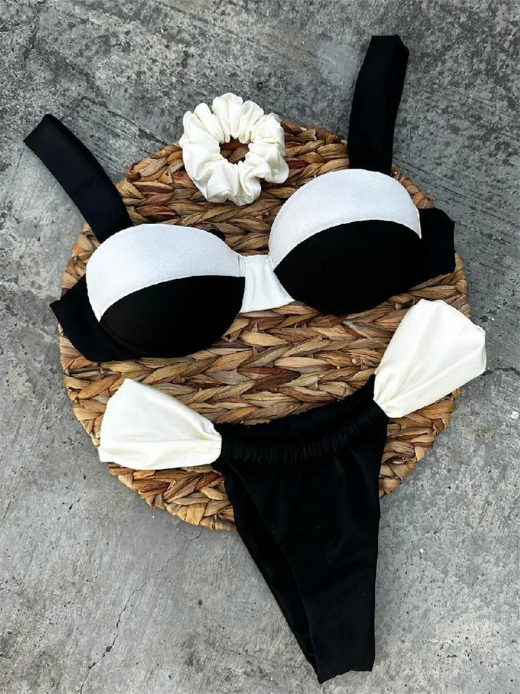 

Push Up Black White Patchwork Bikini 2024 Sexy Contrast Underwire Ruffles Thong Swimsuit Brazilian Bathing Suit Micro Swimwear