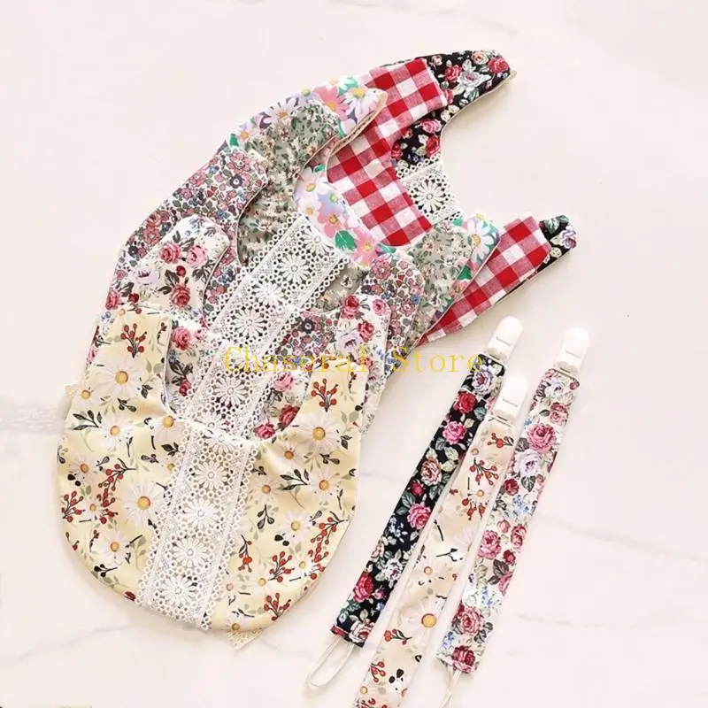 e7ce 3pcs 젖꼭지 체인 아기 머리띠 세트 꽃 프린트 신생아 면화 타월