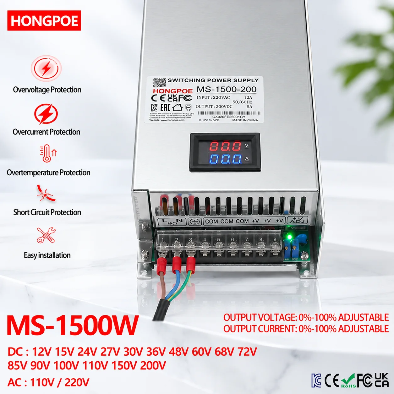 power supply 1500W Adjustable 12-200V DC Digital Display SMPS 110/220V AC to DC Industrial transformers for LED Lights Motors TV