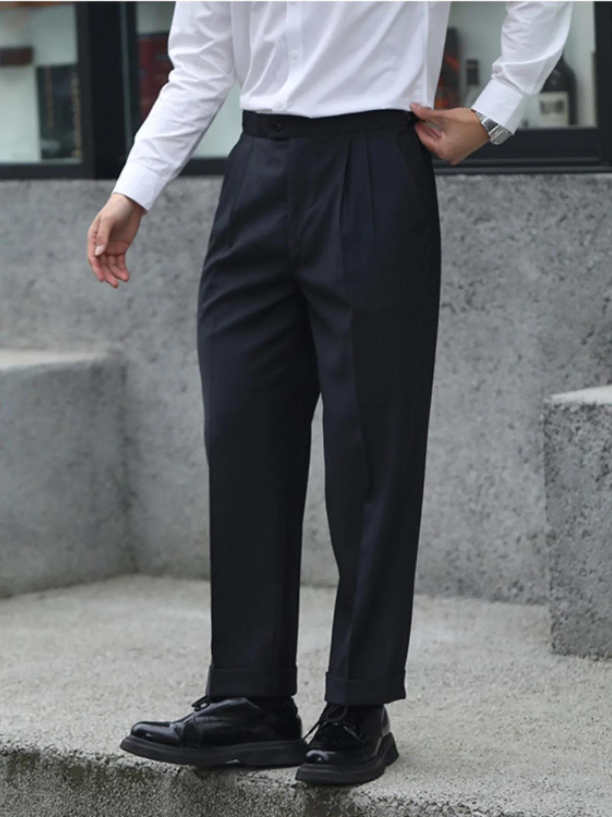 

Briti Retro Casual Men's Wide Leg Pants Loose Cuffed Spring Summer Busin Formal Simple Drapey Nine Point Trendy Trousers