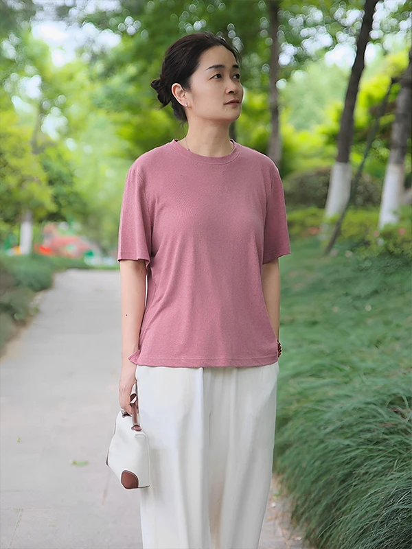 

Повседневная легкая футболка с коротким рукавом для женщин, летняя, из тонкой хлопково-льняной смеси, с круглым вырезом, повседневный топ для отдыха и повседневной носки.