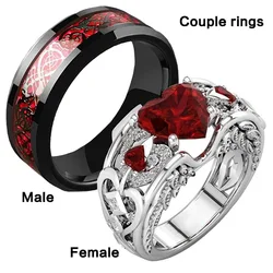 Hot sale new sweet romantic heart shaped ruby women's rings, stainless steel men's rings, couple hand jewelry