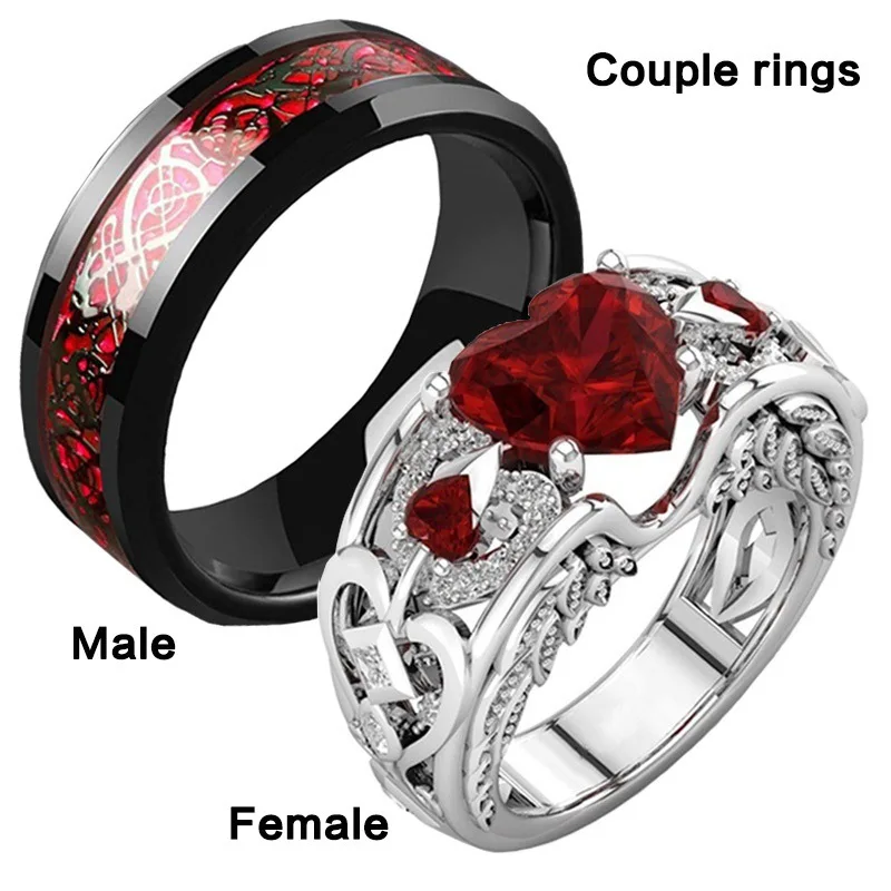 Hot sale new sweet romantic heart shaped ruby women's rings, stainless steel men's rings, couple hand jewelry