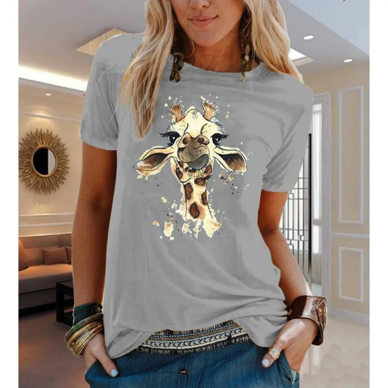 COTTON 100% Animal Flower Print Short Sleeve T-shirt Woman Aesthetic Clothes Women Clothing Graphic T Shirts Oversized Tops