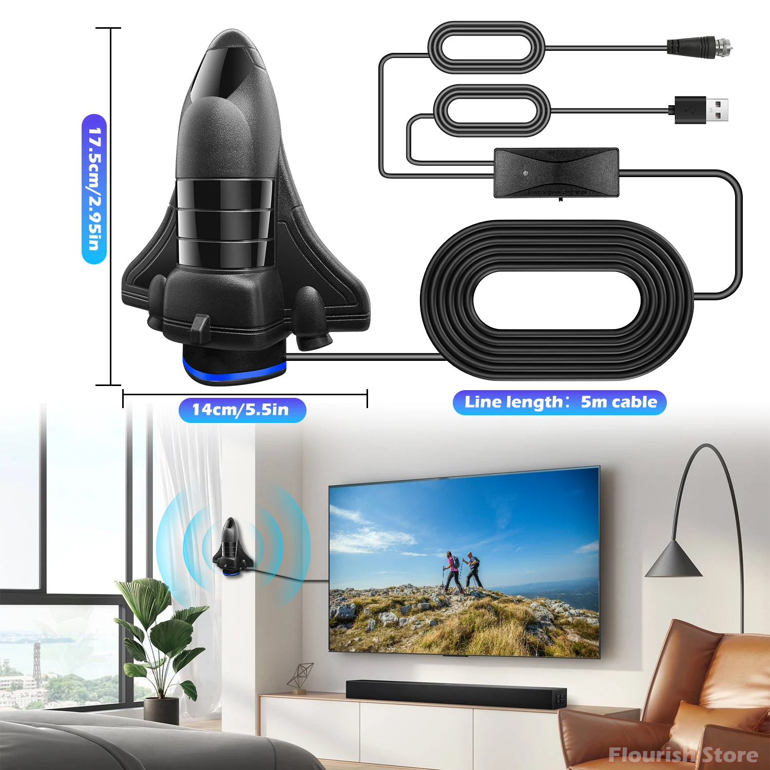 هوائي تلفزيون داخلي للقنوات المحلية، هوائي تلفزيون طويل المدى 1200 ميل للتلفزيون الذكي وجميع الأجهزة التلفاز الأكبر سنا يدعم 4K 8K HD VHF UHF