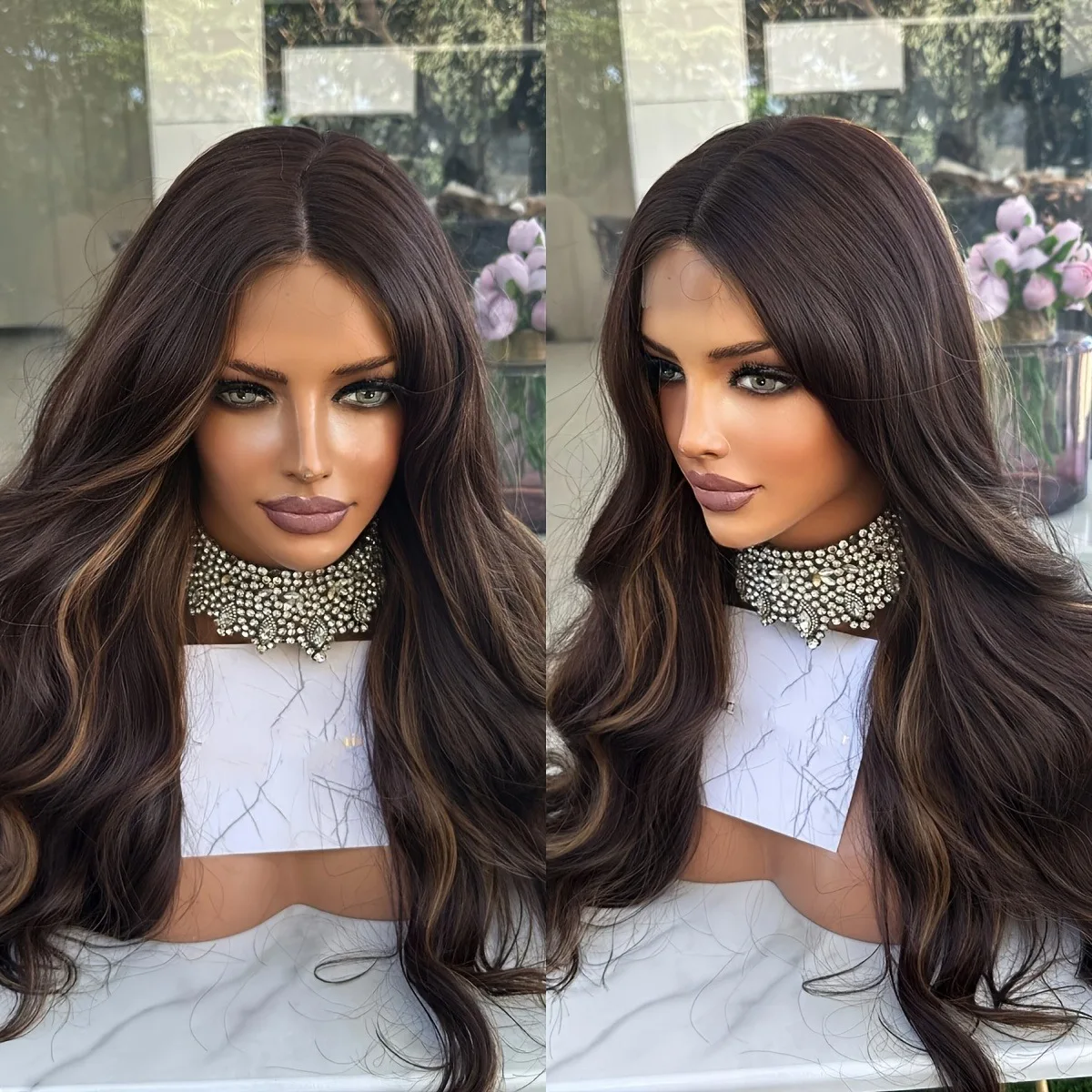 

Dark Brown Highlight Wig Body Wave Lace Front Wig 13X4 HD PrePlucked Heat Resistant Glueless Synthetic High Quality Daily Wear