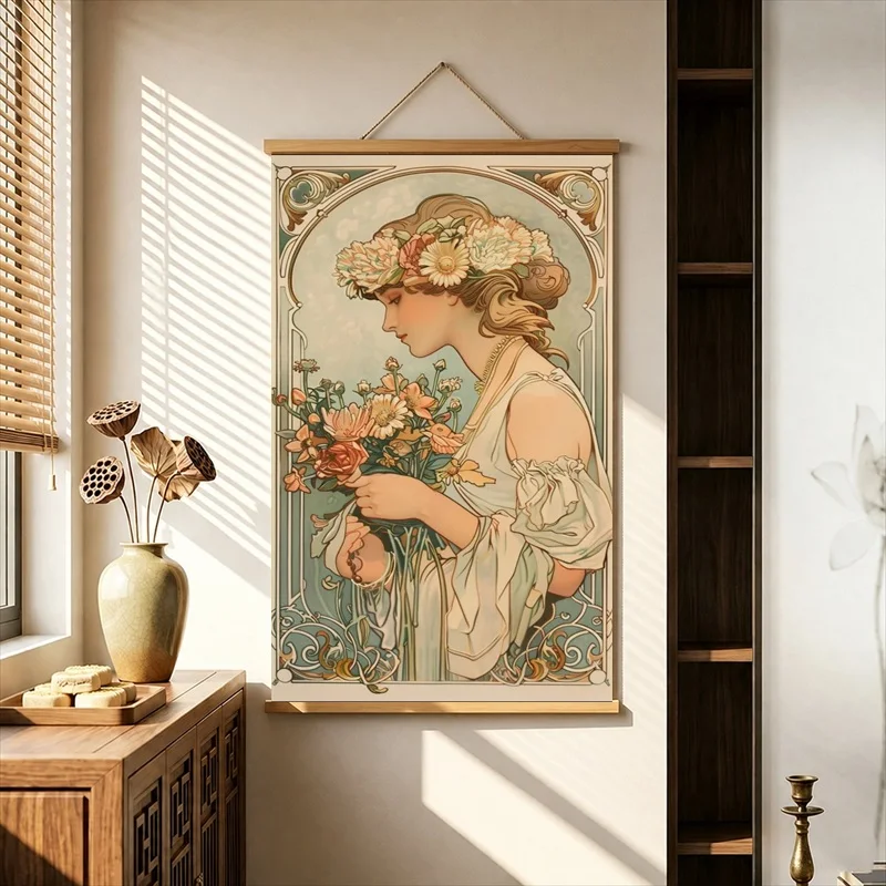 Wall Art Elegant Floral Maiden Portrait, Art Nouveau Pearlescent Canvas Hanging Scroll with Wooden Rods for Bridal Boutique