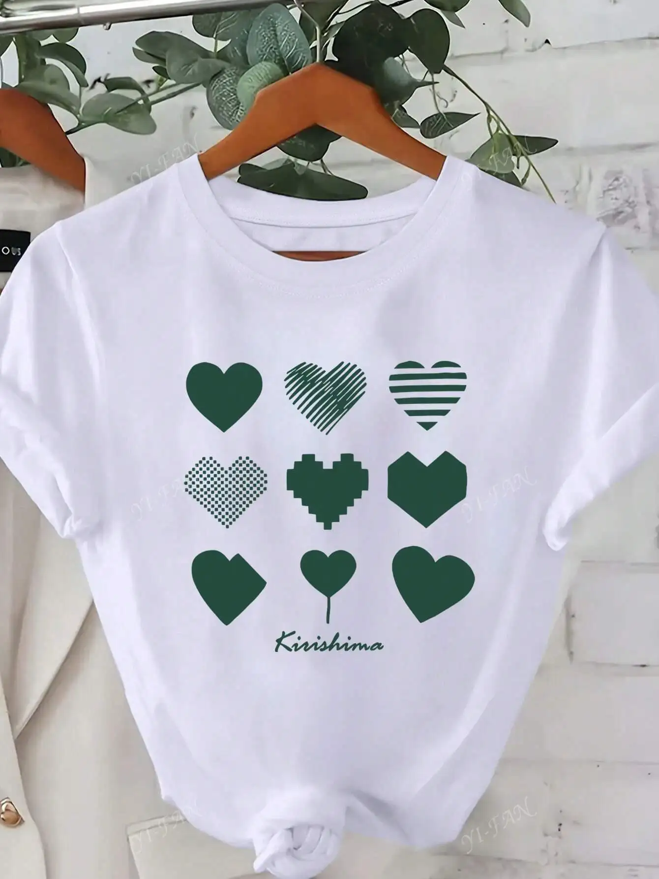 

With Heart & Slogan Design Casual White with Green Hearts Harajuku Short Sleeve Casual Clothing Street Tops Aesthetic Clothes