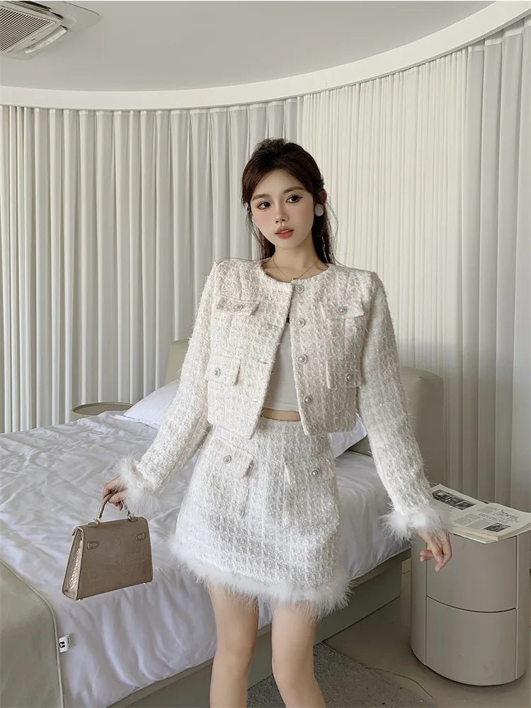 Insozkdg Autumn Winter French Vintage 2 Pieces Sets Tweed Jacket Short Coat Feather Splicing Blazer+High Waist  Mini Skirt Suit