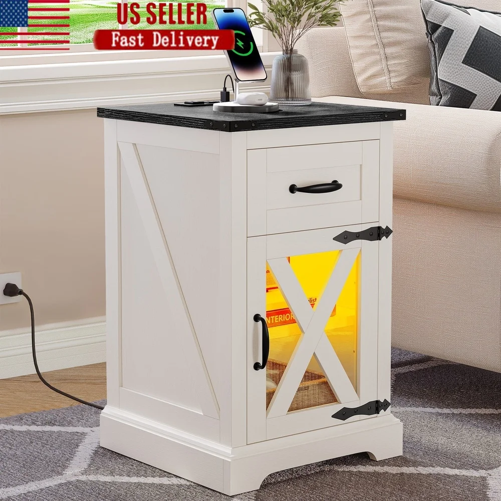 

Farmhouse Nightstand End Table with Charging Station LED Lights Storage Shelf Adjustable USB Ports Rustic Wood Living Room