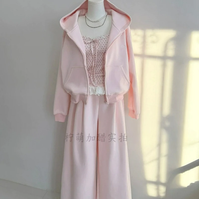 Women Korean Pink Hooded Cardigan Sweatshirt Polka Dot Sling Vest Lace Wide-leg Pants Casual Three-piece Suit Female Autumn New