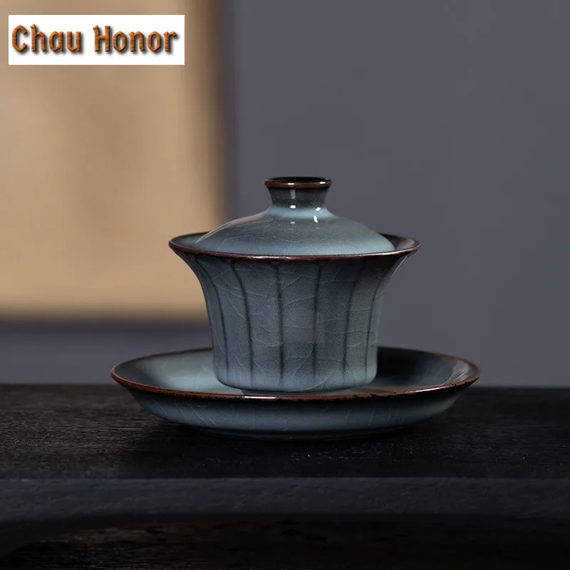 

130ml Handmade Iron Tire Ice Crack Glaze Gaiwan Celadon Tea Tureen Tea Bowl With Lid Kit Tea Maker Cover Bowl Tea Services Gift