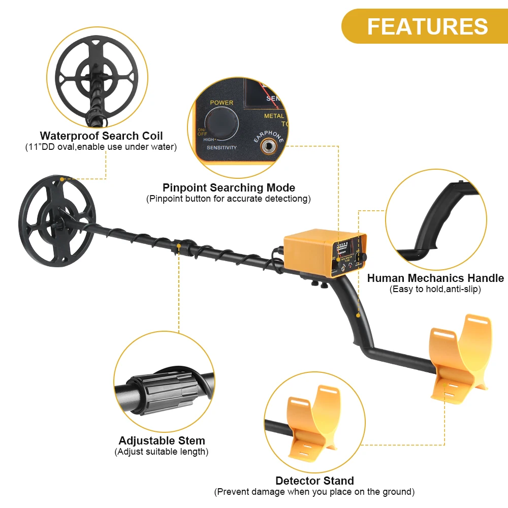 TC-200 Underground Metal Detector IP68 Waterproof Gold Detector Height Adjustable Treasure Hunter Precise Positioning Pointer