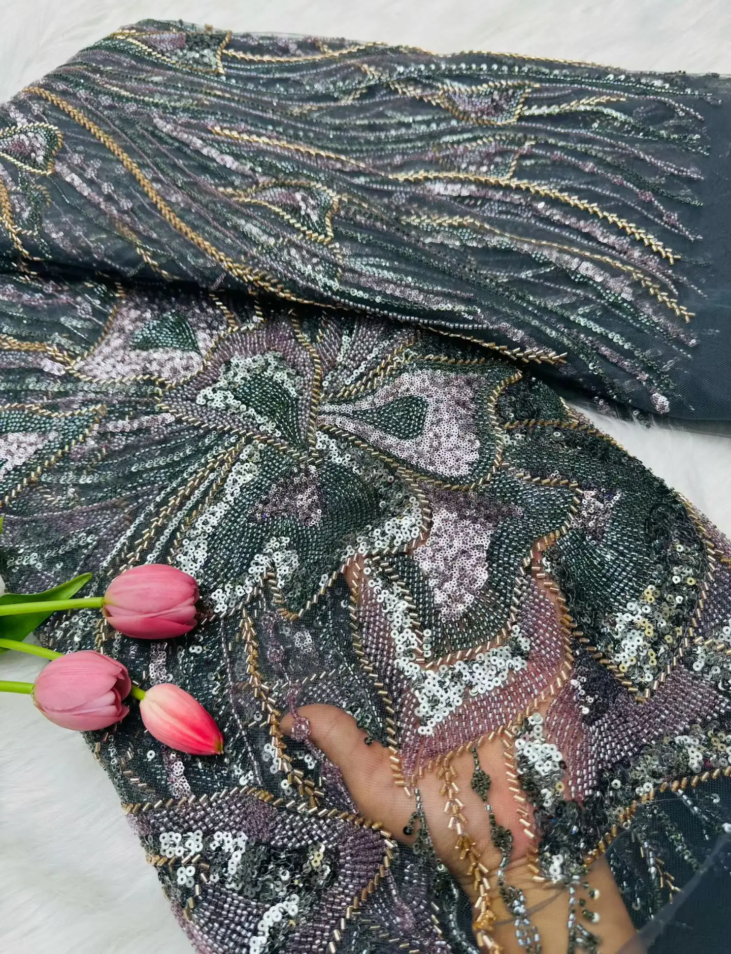 2025 최신 오스트리아 최고급 부드럽고 우아한 아프리카 비즈 튜브 레이스 스팽글 원단, 나이지리아 럭셔리 생일 드레스용 Hm207-1