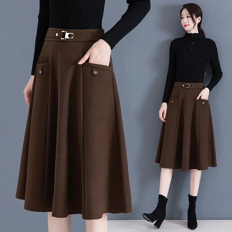Winter Woolen Skirt Autumn Winter Women's New Elastic Waist High Waist Temperament A-line Skirt Large Hem Skirt