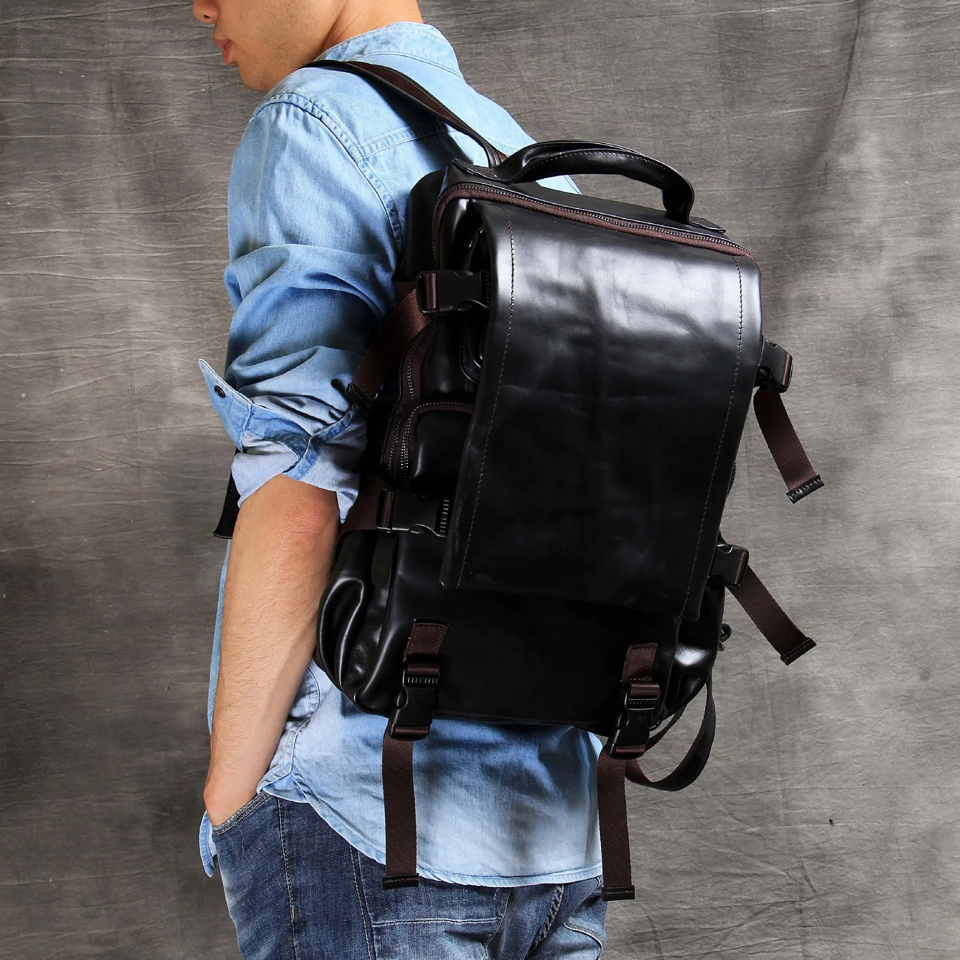 2026 New Cowhide Leather Men's Backpack Mountaineering Travel Backpacks Men Laptop Bag Schoolbag Retro Soft Black Leather Backp